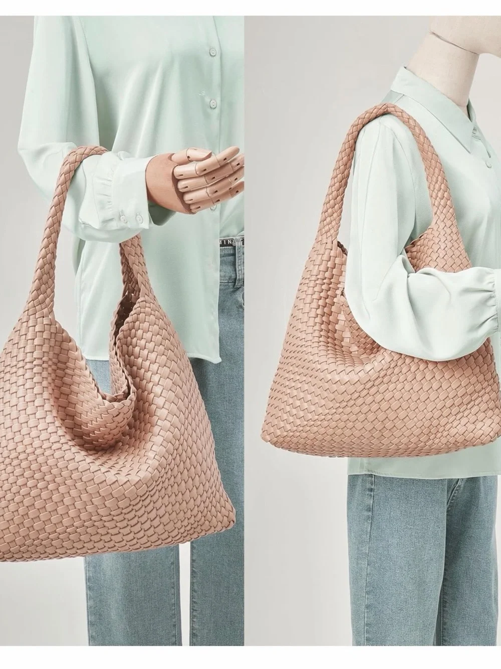 Woven Hobo Tote Bag in Beige - Chic Shoulder Purse